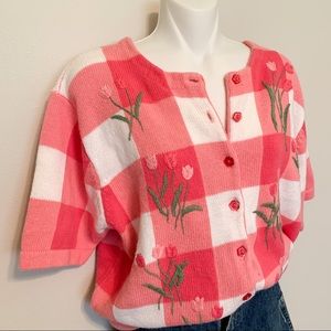 Vintage pink gingham short sleeve cardigan